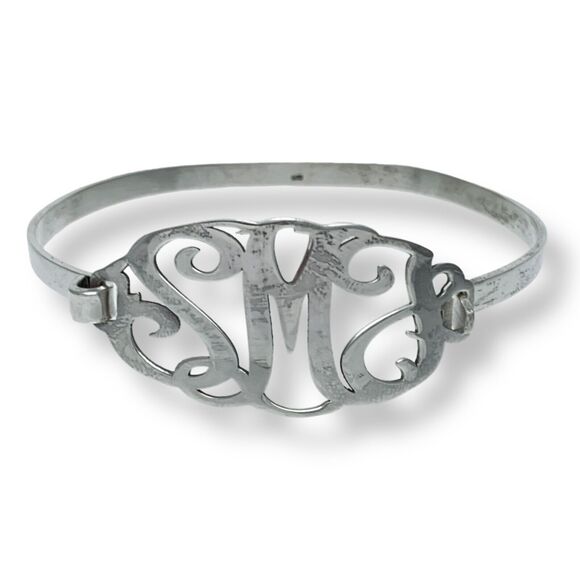 Vintage Sterling Silver 925 Monogram Cut Out SMJ Hook Bracelet 7.25" - Picture 1 of 7